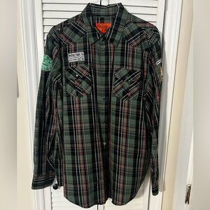 Rolling Paper with Patches Green Plaid Button Up Long Sleeve Shirt